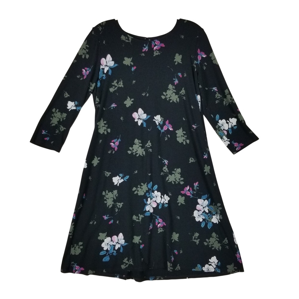 J. Jill Wearever Dress Womens Small Black Floral 3/4 Sleeve Knit A-Line Shift